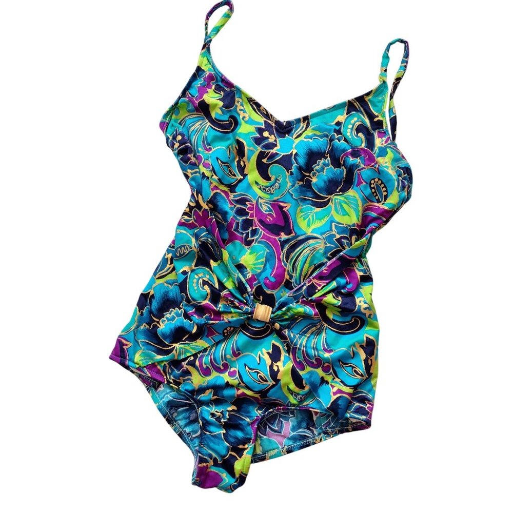Vintage 980s 90s Jantzen Swimsuit M L Bright Jewel Tone Metallic One Piece 16 - Picture 9 of 9
